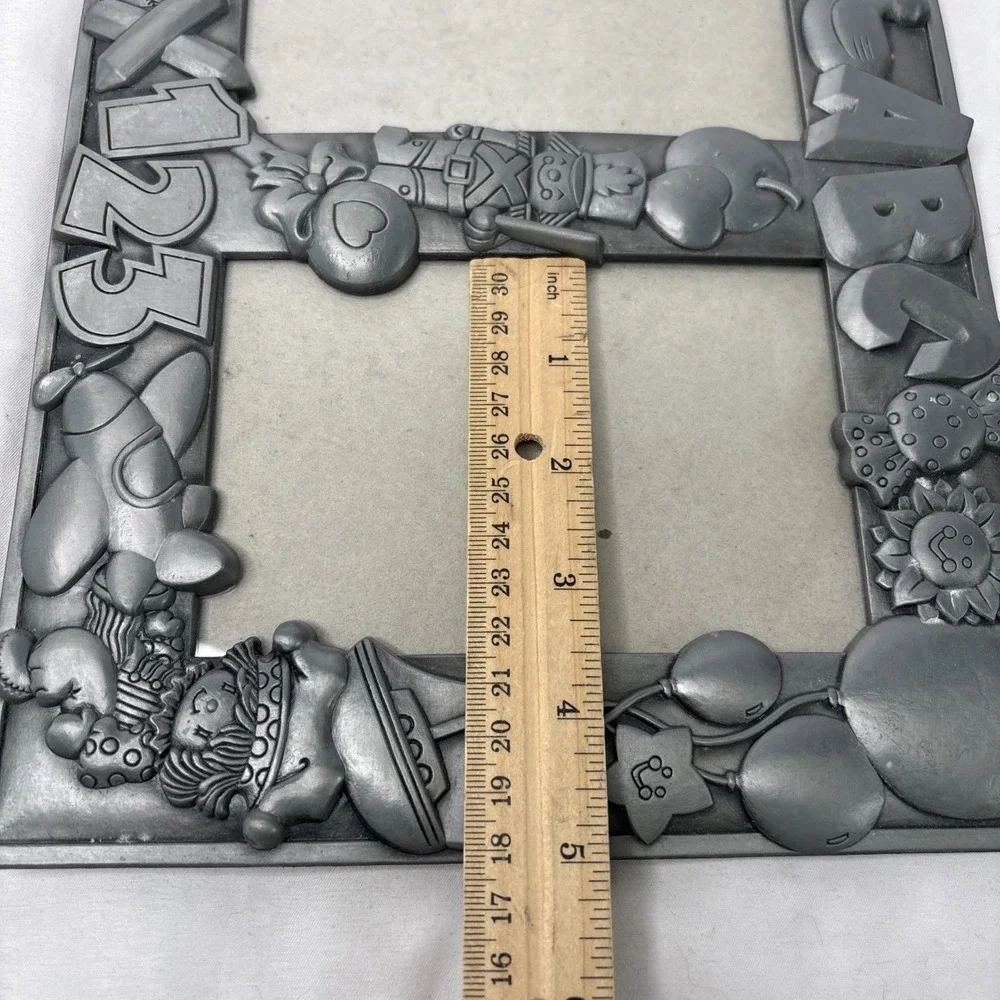 Pewter Metal Tabletop Picture Frame Child Theme ABC 123 Nursery Silver 2 Slots